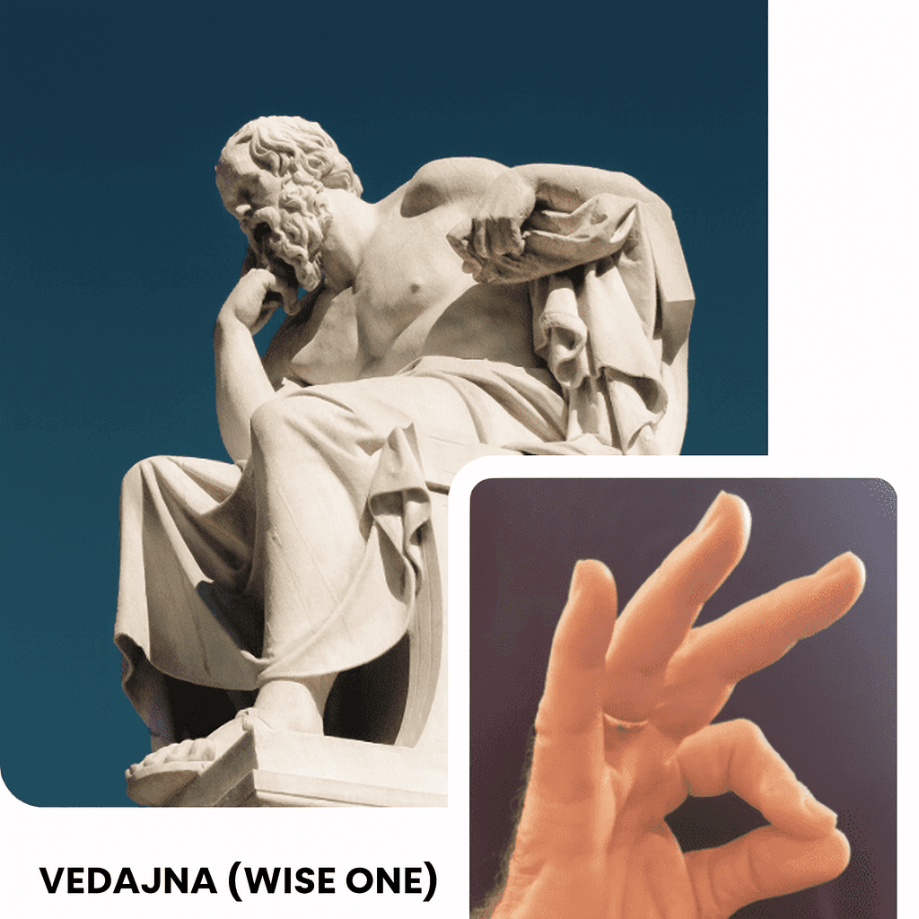 Ancient statue of a wise man with a hand making an OK gesture.